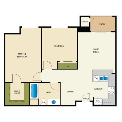 2 Bed, 1 Bath floor plan